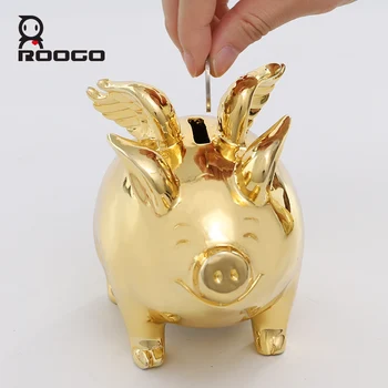 

ROOGO pig decoration statue home decor miniature figurines pig piggy ban home decoration accessories Golden ornament