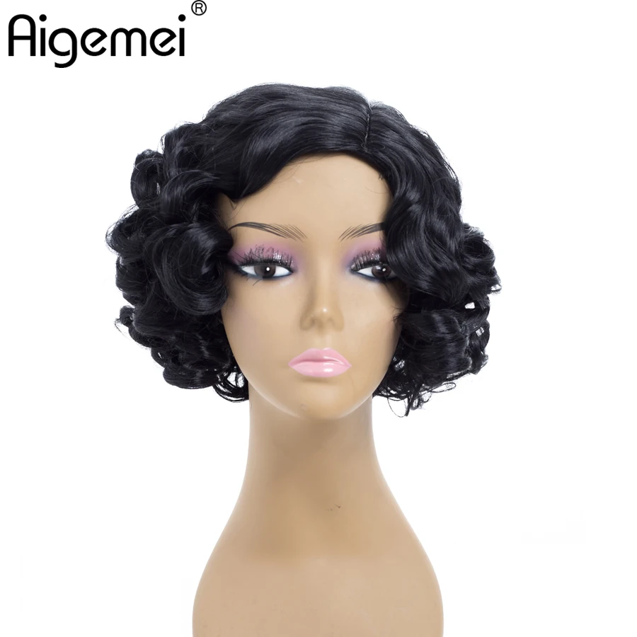 

Aigemei Wigs Short Loose Deep Wave Heat Resistant Synthetic Wigs for Woman Machine Made Short Wigs 10 Inch 185g Natural Black