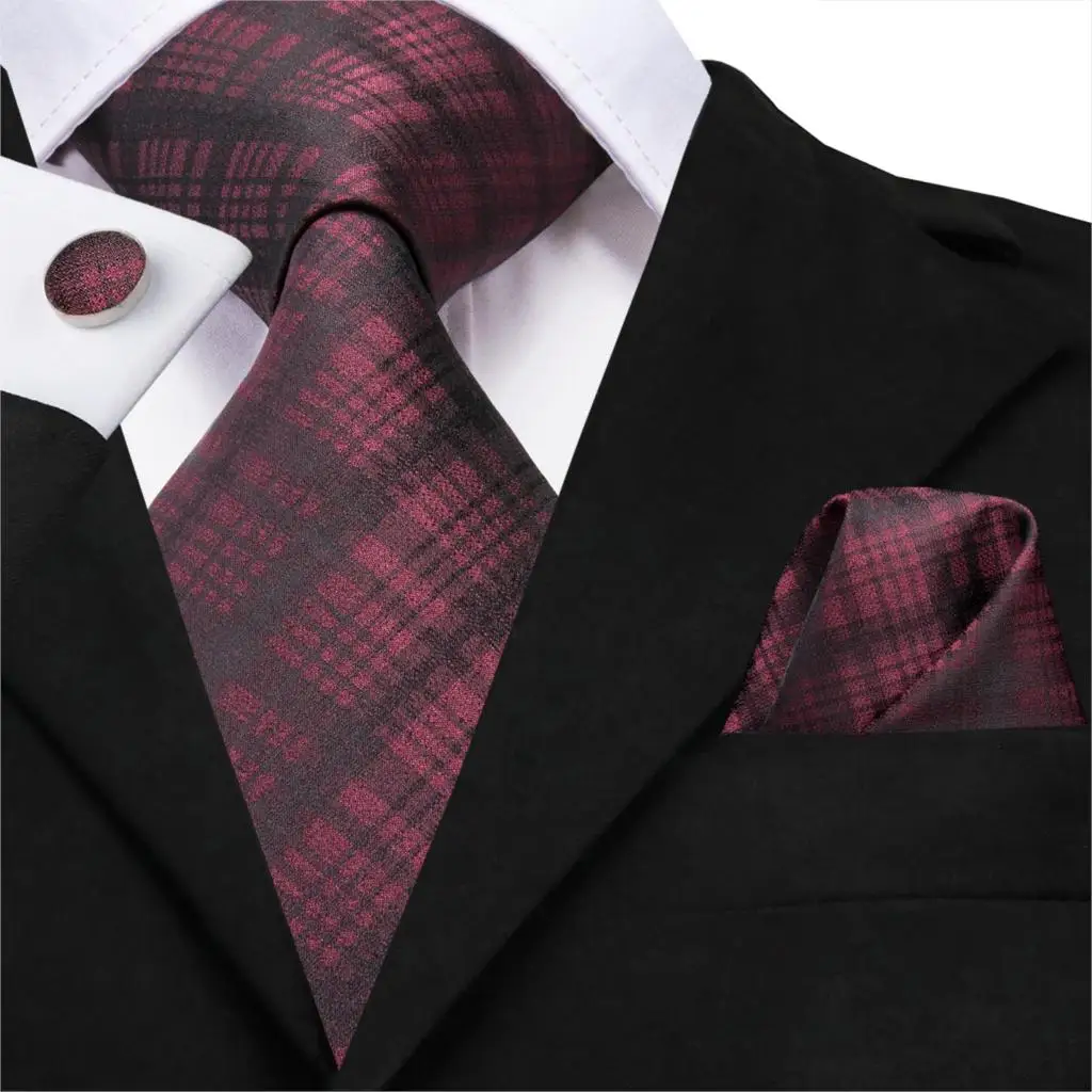 

SN-3204 Men Plaid Tie Handkerchief Set Necktie Pocket Square Cufflinks Silk Tie Set Red For Men Wedding Tie For Men Accessories