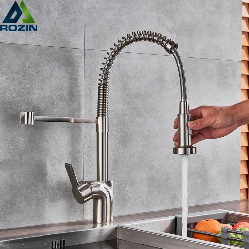 

Brushed Nickel Hot Cold Kitchen Sink Faucet Swivel Spout Spring Kitchen Mixer Tap Deck Mounted Pull Down Water Tap for Kitchen