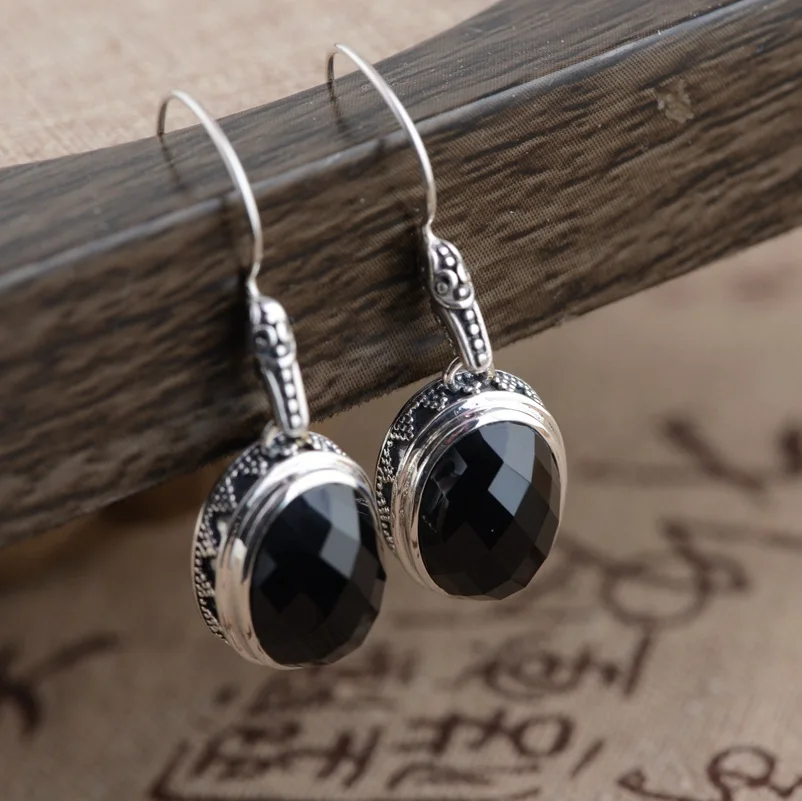 

Silver earrings S925 silver inlaid black onyx earrings New Antique