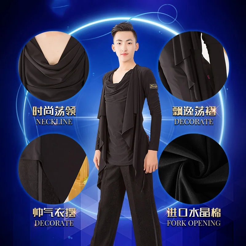 Ballroom Latin Dance Top Men Long Sleeves Competition Cha Cha Rumba Samba Tango Dancing Shirts Male Performance Wear DNV11726