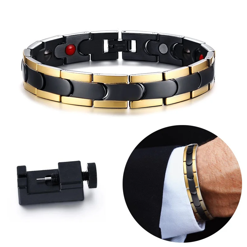 

Gents 4 in 1 Bio Elements Two Tone Magnetic Therapy Bracelet for Men Stainless Steel Gold Black Male Jewelry Jewels 8.6"