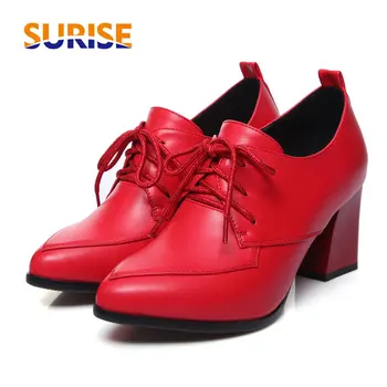 

British Lace-up Women Pumps Red PU Leather Pointed Toe Derbies High Block Heel Oxford Vintage Brogues Casual Office Ladies Shoes
