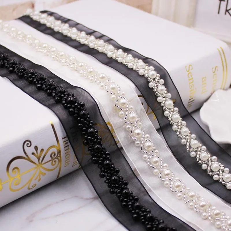 10 yard pearl beaded trim, pearl lace trim, pearl bead rhinestone