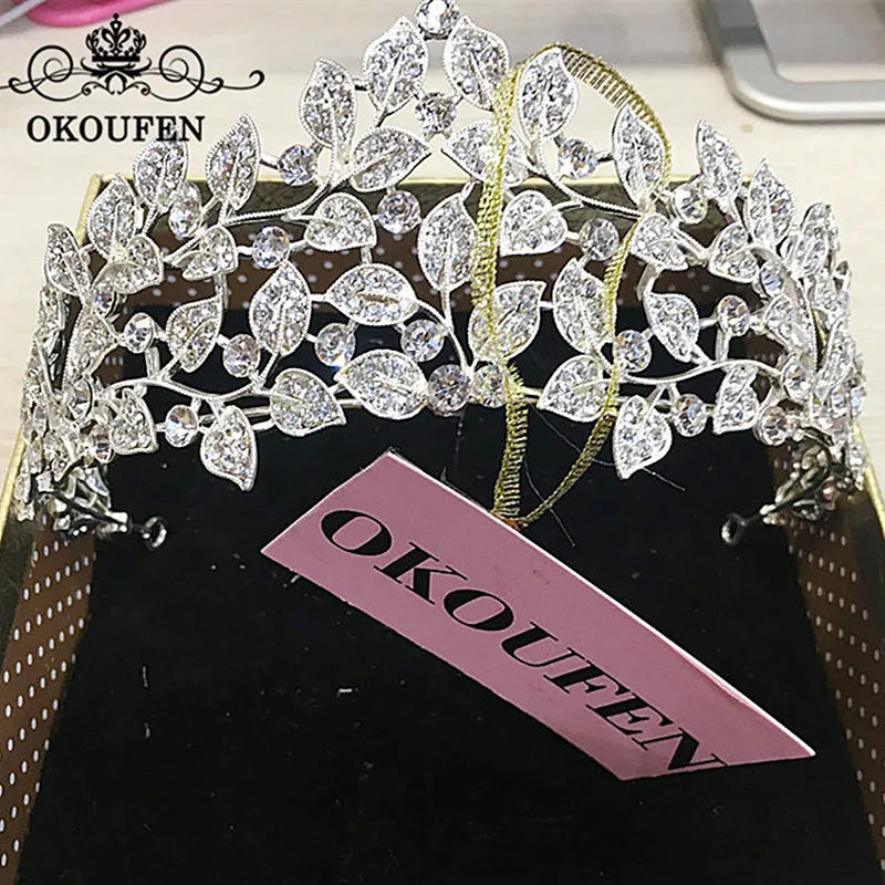 

OKOUFEN Real Photos Bling Rhinestone Crowns and Tiaras Women 2018 Leaves Crystal Jewelry Hair Headpieces Bridal Pageant Gown