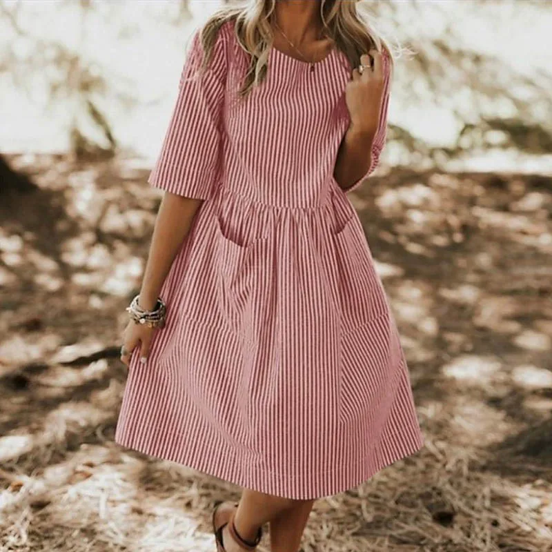

3XL Large Size Women Loose Striped Pocket Summer Dress Casual O Neck Half Sleeve Knee-length Dress Female Fashion Party Dresses