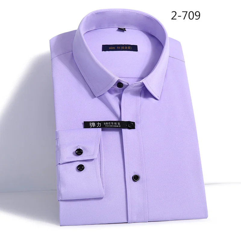 Эластичное облегающее мужское платье, Повседневная рубашка с длинными рукавами, белая, черная, синяя, красная, мужская деловая рубашка, классический однотонный дизайн - Цвет: 2-709 Light Purple