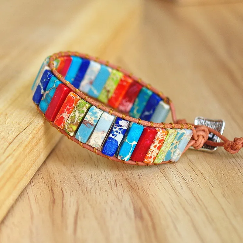 

Bohemia Leather Wrap Bracelet Natural Stone Tube Beads 7 Chakra Bracelet Handmade Jewelry Charm Bracelets Creative Couples Gifts