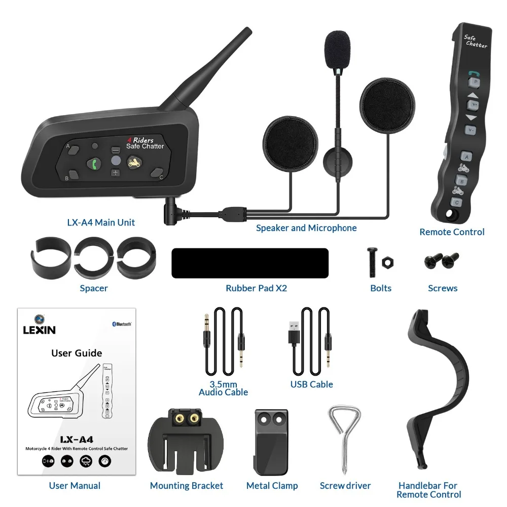 1 шт Lexin A4 BT Interphone с пультом дистанционного управления для 4 гонщиков Bluetooth moto rcycle Intercom 1000 м Intercomunicador moto