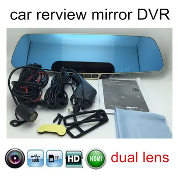 

Free Shipping Car Rearview mirror DVR include rear Camera Car Parking Backup Camera with HD 5 Inch Mirror Monitor dual lens