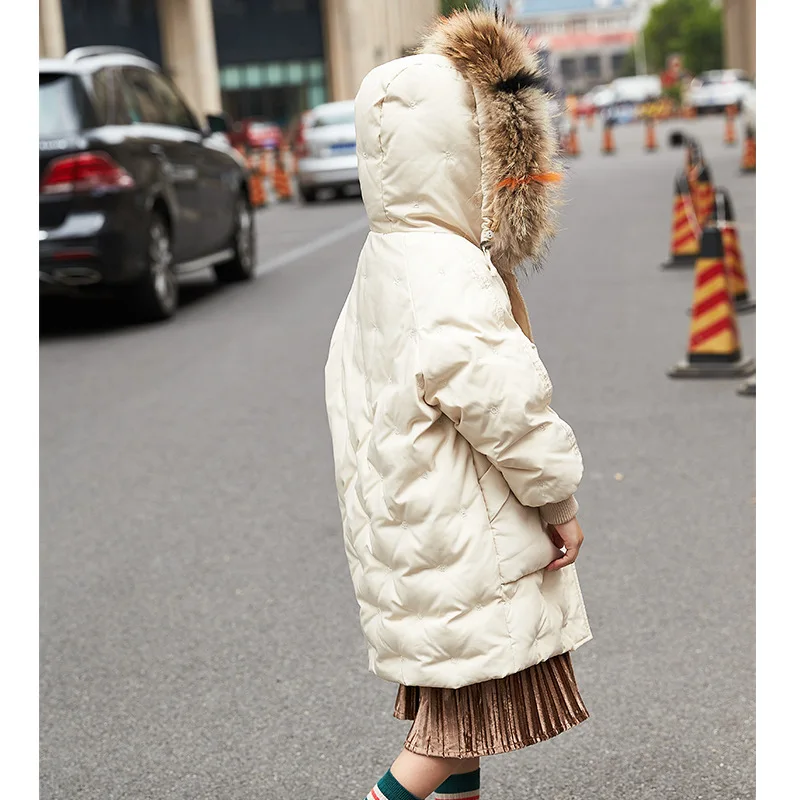 Детские зимние Утепленные пуховики на утином пуху для девочек длинная верхняя одежда с капюшоном и большим мехом для девочек, пальто Детская От 6 до 14 лет пуховая куртка