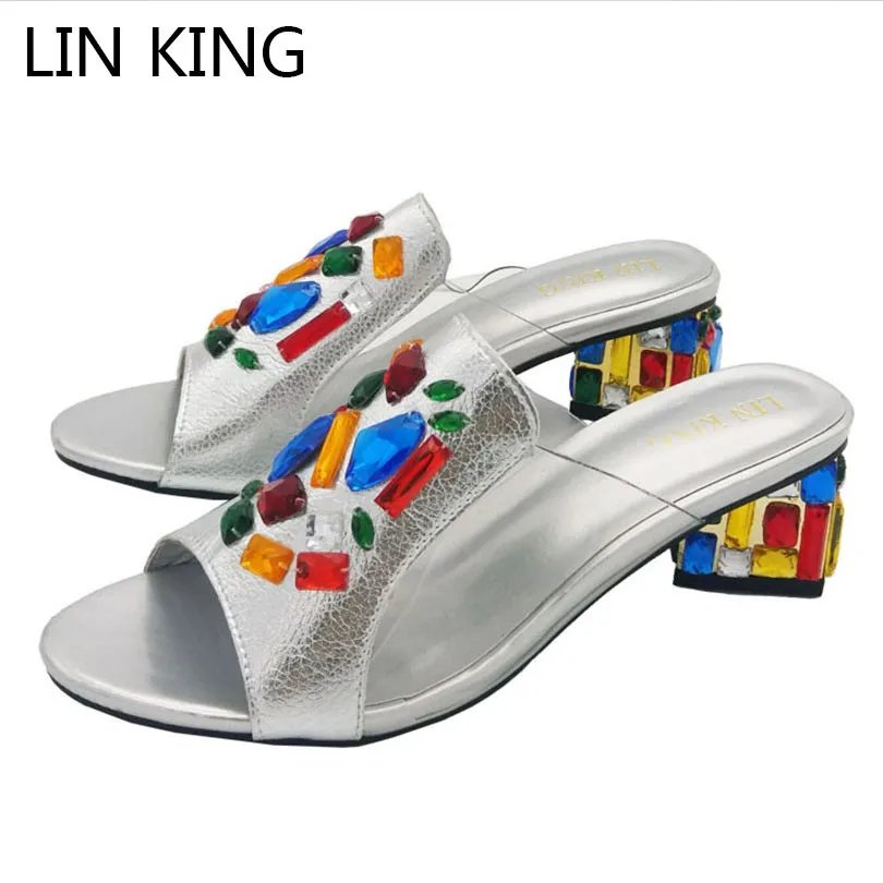 

LIN KING New Fashion Pu Leather Mix Color Rhinestone Women Slippers Sandals Square Heel Summer Shoes Medium Heel Open Toe Slides