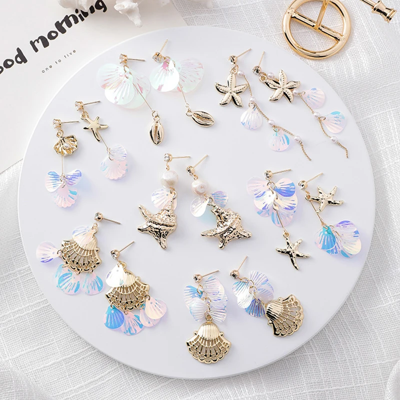 

2019 Sequined Metal Starfish Star Shell Conch Drop Earrings Round Circle Simulted Pearl Pendientes For Women Fashion Jewelry