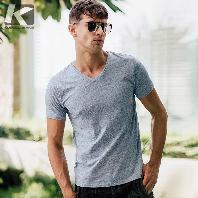 Summer Mens T Shirts Cotton V Neck Blue Color Tops For Man Short Sleeve