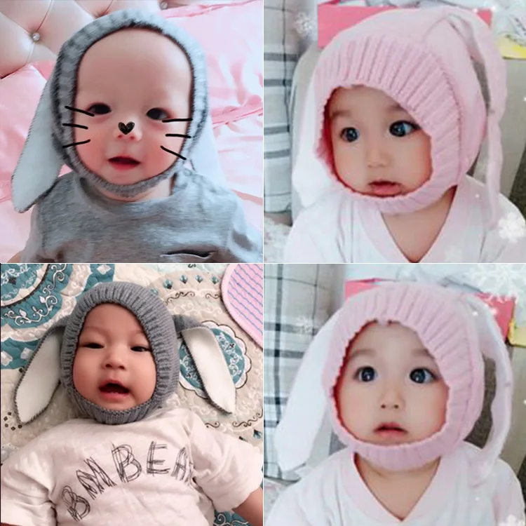Зимние шапки в Корейском стиле для маленьких мальчиков и девочек, вязанная шапка-ушанка, мягкие вязаные детские шапки-кролики, детская вязаная шапка с кроличьими ушками