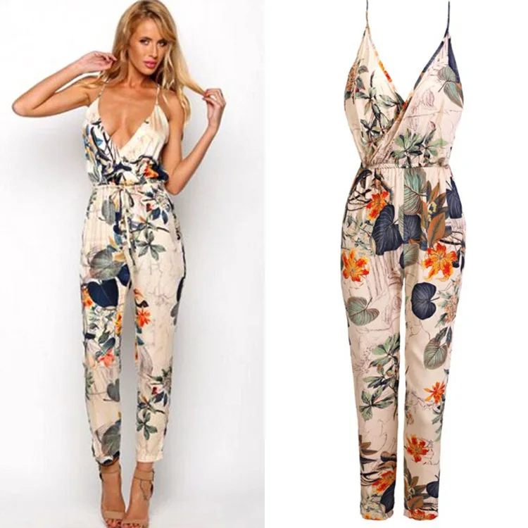 2015 Sexy Women Jumpsuit Loose Romper Printed Cotton Casual Bodysuit ...