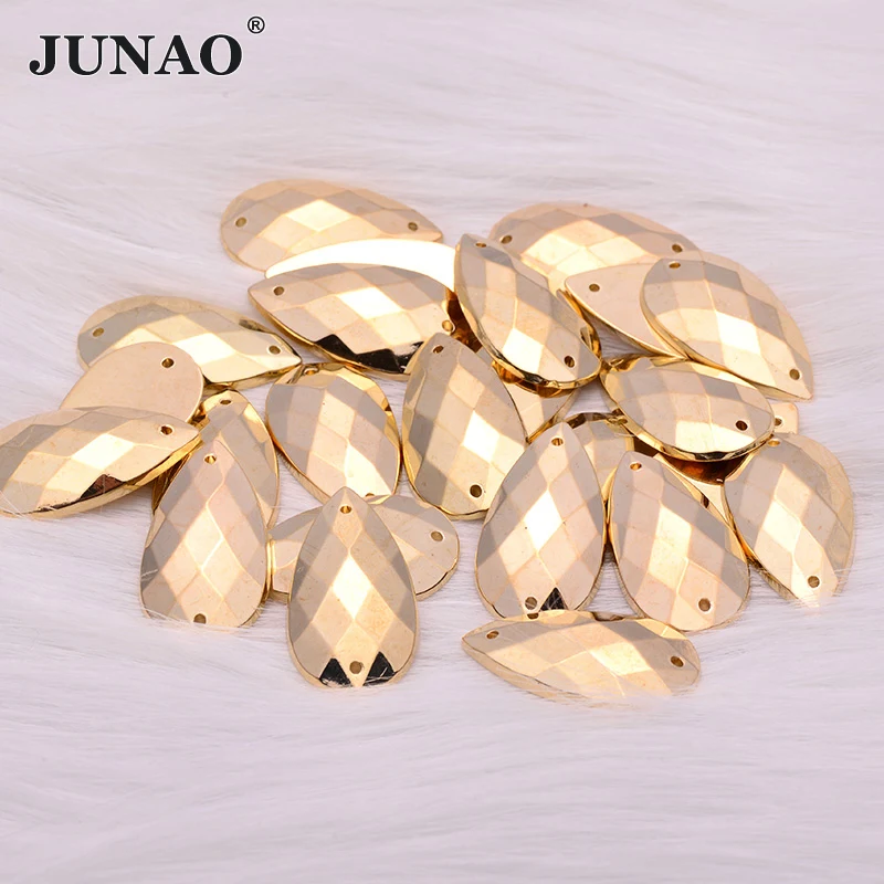 

JUNAO 16*30mm Sew On Gold Drop Rhinestone Sewing Golden Acrylic Stones Flatback Big Size Crystal Strass for Needlework Clothes