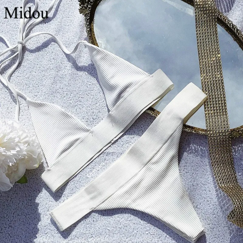 

Midou Bikini 2019 Swimwear Women Swimsuit Brazilian Bikini Set Green Print Halter Top Beach wear Bathing Suits bikini biquni set
