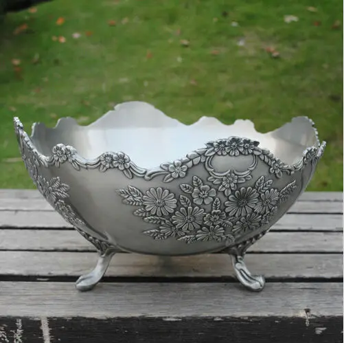 30cm vintage round metal fruit bowl serving tray plate home holiday with 3 stand base floral