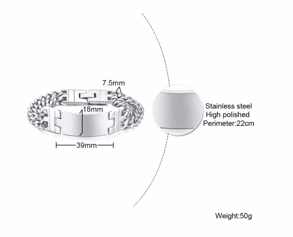 Персонализированные 18 мм мужские из нержавеющей стали двойной панцирной цепи звено ID идентификационный браслет в серебряные мужские ювелирные изделия