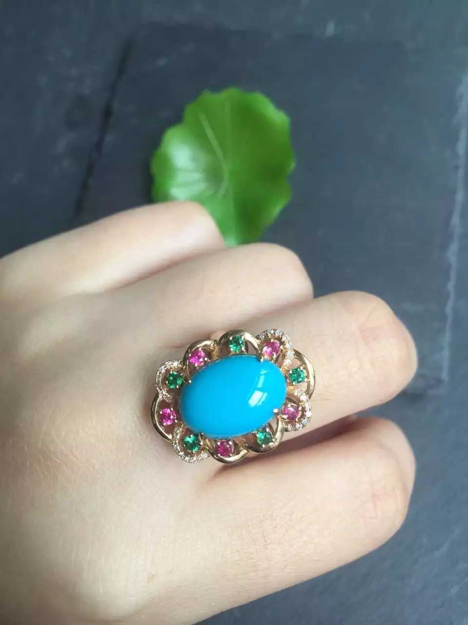 Fine Jewelry real G18k Rose Gold 18K Solid Gold 100% Natural Turquoise Gemstones Gold Diamonds Female Casual Sporty Rings
