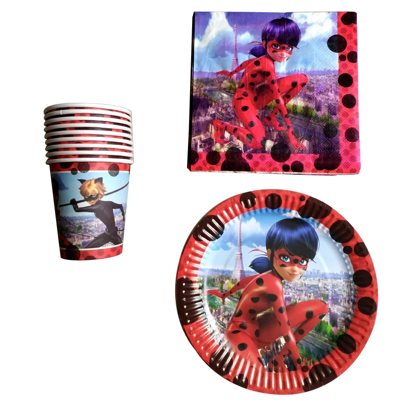 60PCS Baby Shower Cups Decoration Plates Party Miraculous Ladybug Theme