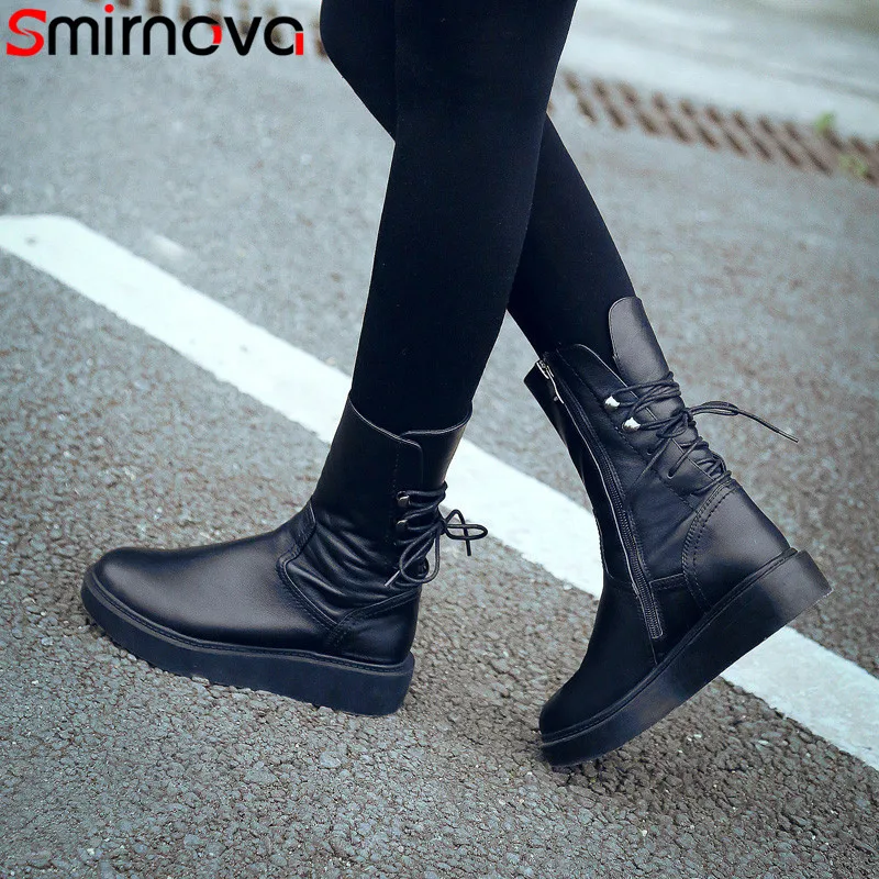 

Smirnova fashion autumn winter boots women round toe zip genuine leather boots flat with ankle boots cross tied ladies boots