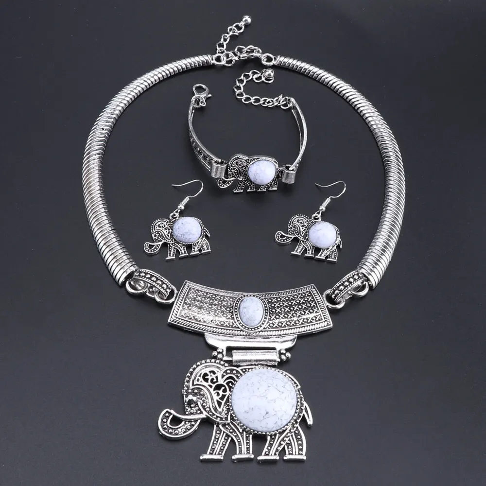 Старинный серебряный слон драгоценный камень кулон винтажное Массивное колье ожерелье серьги браслет ювелирный набор