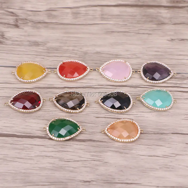 

10PCS ZYZ-C2359 Multicolor Crystal Quartz with White CZ Pave Gems Stone Link Connector, Gold color Drop Beads