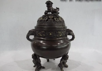 

USPS to USA S0470 11 Palace Pure Copper Bronze 3 kings Dragon Foo Dog Lion Censer Incense Burner