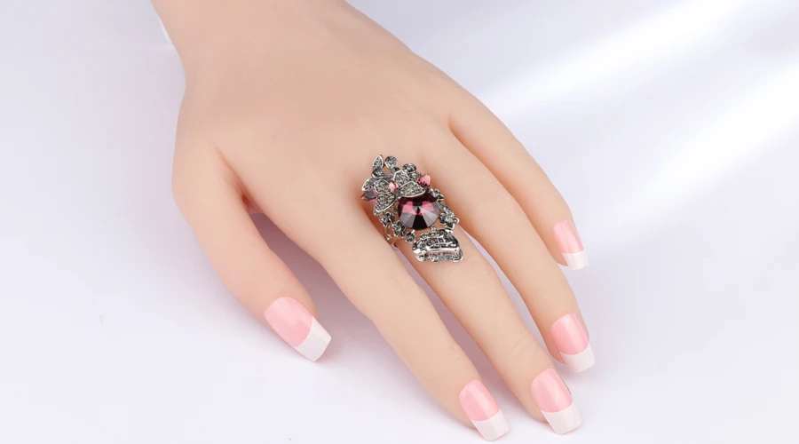 Wbmqda Hot Purple Stone Butterfly Rings For Women Fashion Antique Silver Color Wedding Jewelry Big Rhinestone Ring Party Gift