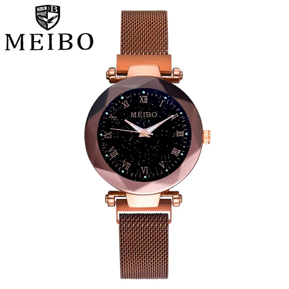 MEIBO, звездное небо, розовое золото, сетчатые часы, стекло, кварц, магнитная пряжка, ремешок, преломляющая поверхность, светящийся циферблат, женские кварцевые часы - Цвет: Coffee
