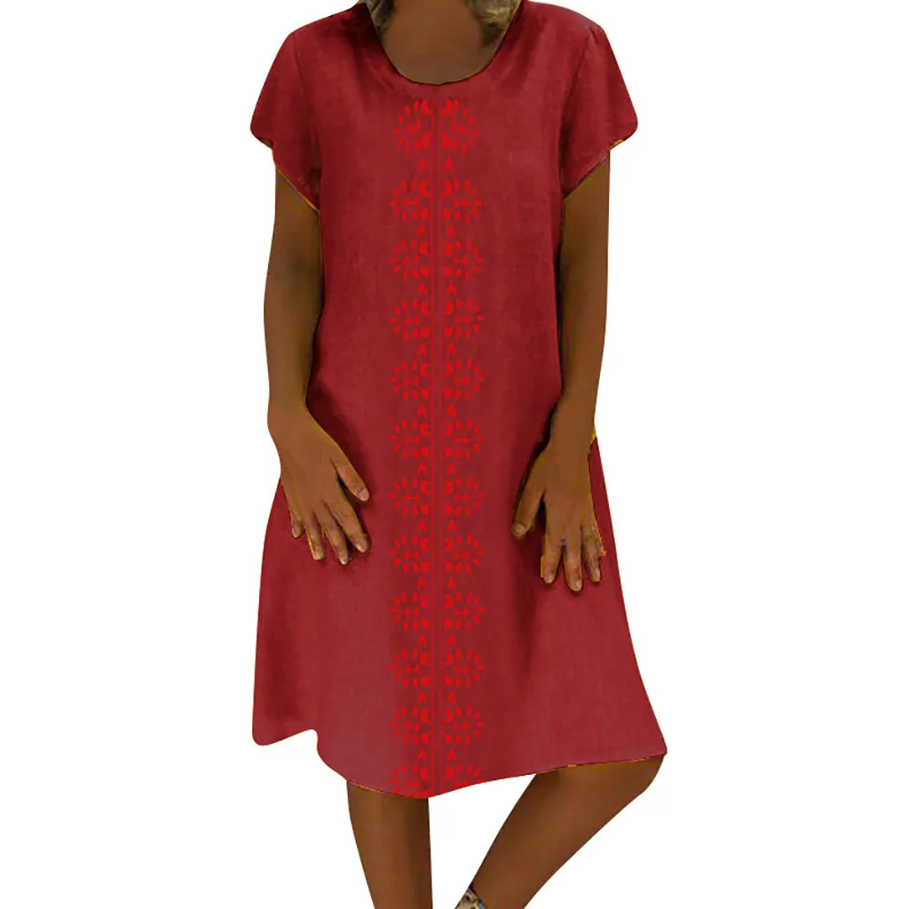 Summer dress Women O-Neck Printed Cotton And Linen Casual Plus Size Ladies beach Dress 2019 new arrival slim soft touch dress