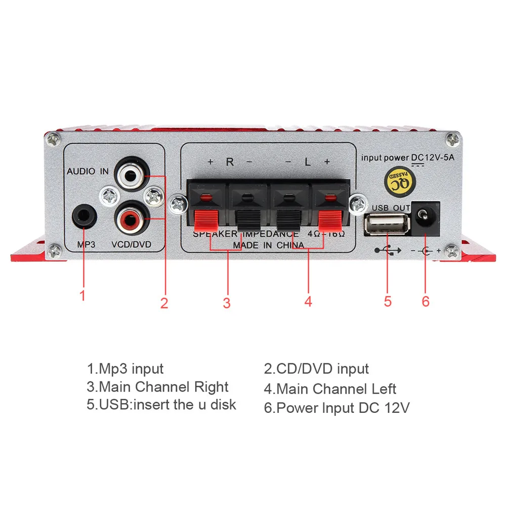 12V красный мини Hi-Fi 2-х канальный USB авто мотоциклов Главная Лодка аудио стерео Бас Динамик усилитель сабвуфер усилитель плеер