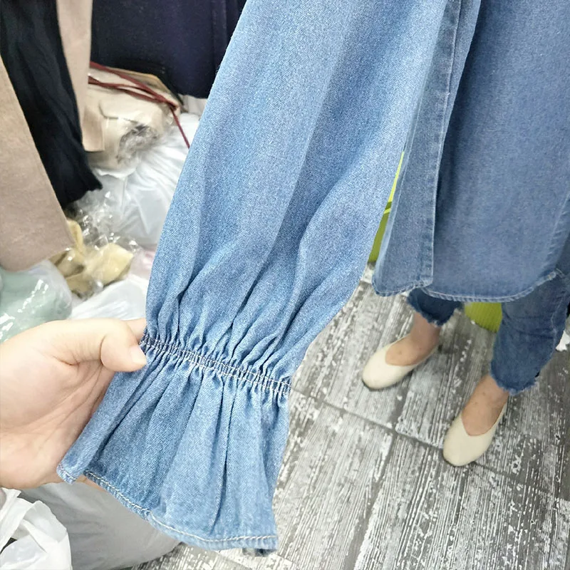 Корейская мода, свежий консервативный стиль, с оборками, большой воротник Питер Пэн, с длинным рукавом, джинсовая рубашка для женщин, кавайные топы, camisa, джинсы, feminina