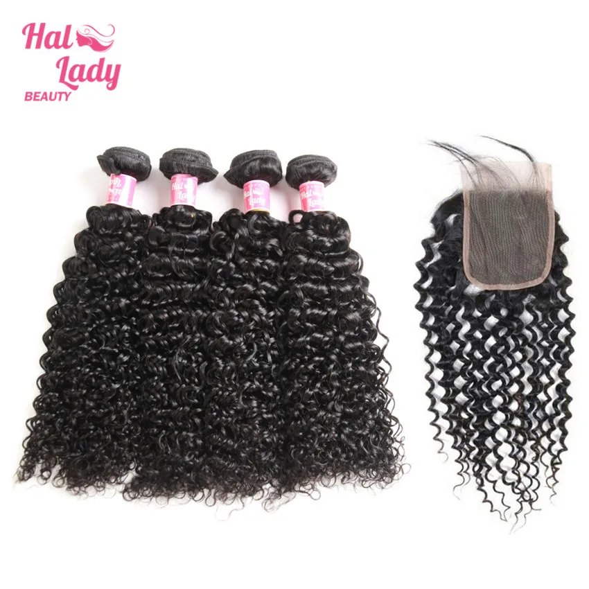 Halo Lady Beauty Hair Bundles With Closure Remy Hair Extensions Indian Kinky Curly 100 Human
