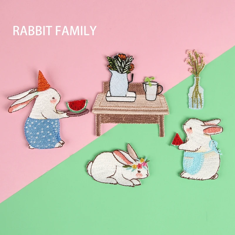 

AHYONNIEX Watermelon Rabbit Embroidery Repair Patches Bag Jacket Jeans Cartoon Iron On Patches for Clothes Cute Glue Sticker