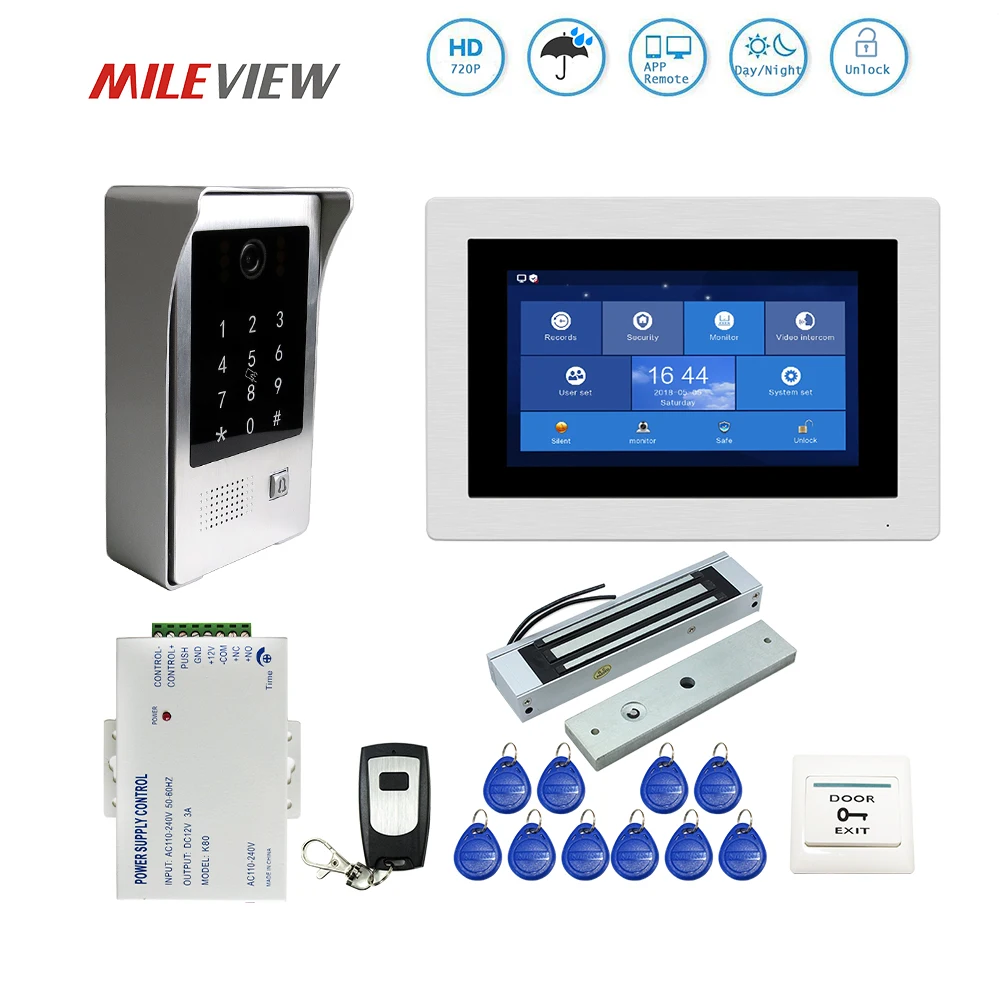 

Free Shipping WIFI 7" Touch Screen LCD Video Intercom Door Phone Record Kit Code Keypad IC Outdoor Camera Electric Magnetic Lock
