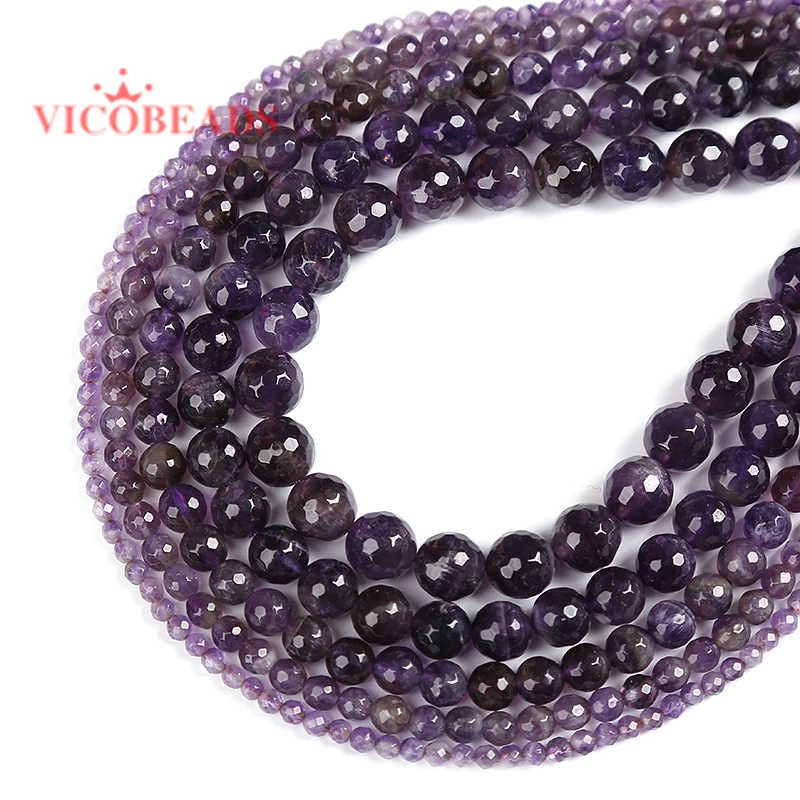 

Natural Stone Faceted Dark Purple Amethysts Quartz Loose Beads 15" Strand 4 6 8 10 MM For Jewelry Making