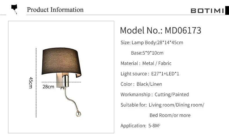 BOTIMI современный светодиодный настенный светильник с тканевым абажуром для спальни прикроватная аппликация murale светодиодный светильник теплый настенный светильник