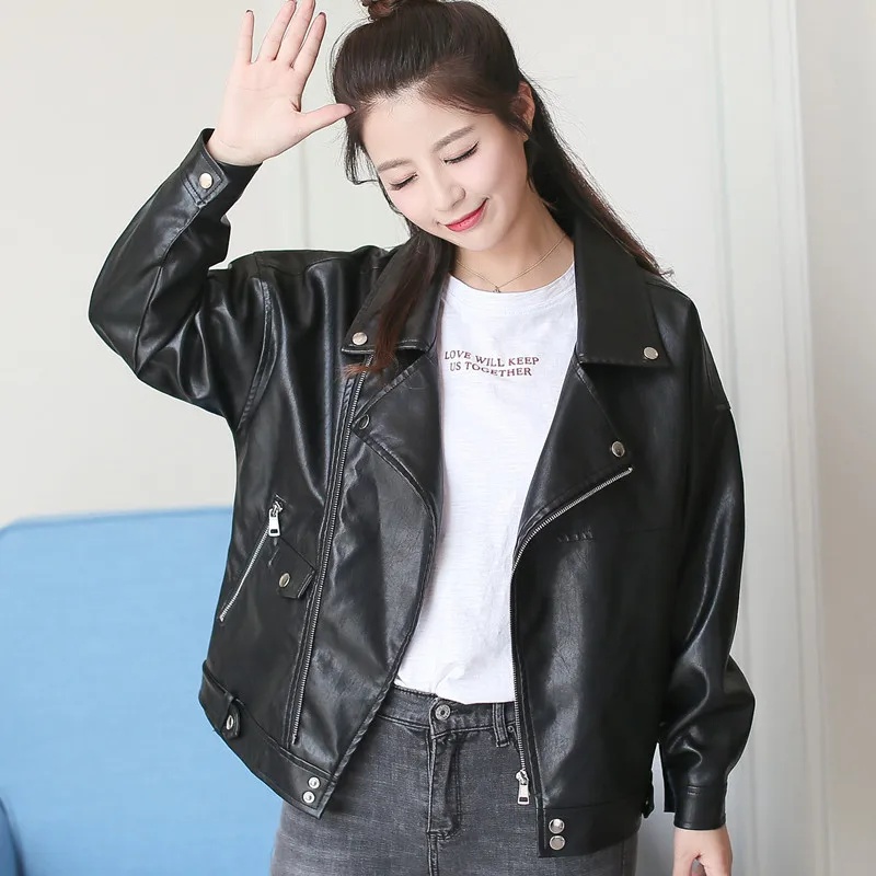 

Loose plus size leather coat Autumn cool jacket casual black oversize jacket spring Bomber autumn Bomber Motorcycle Outerwear