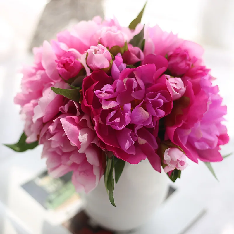 High Quality Hot Pink Peony Bouquet Posy Decorative Artificial Silk