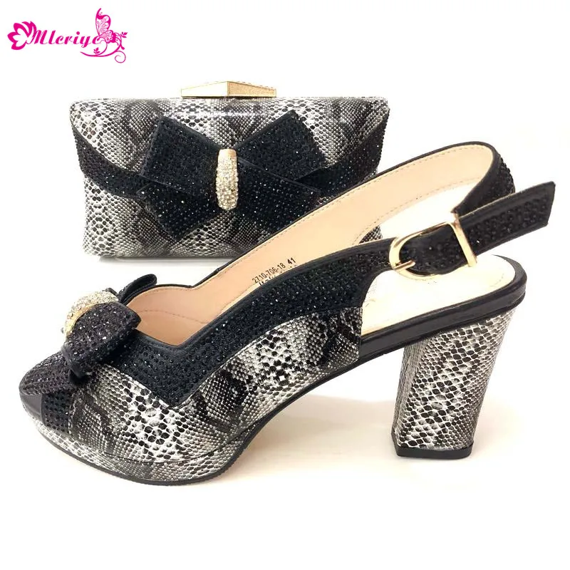 

Hot Sale Woman Pretty black Color Italian Shoes And Bag Set Africa Rhinestone Low Heels Shoes And Bag Set For Wedding