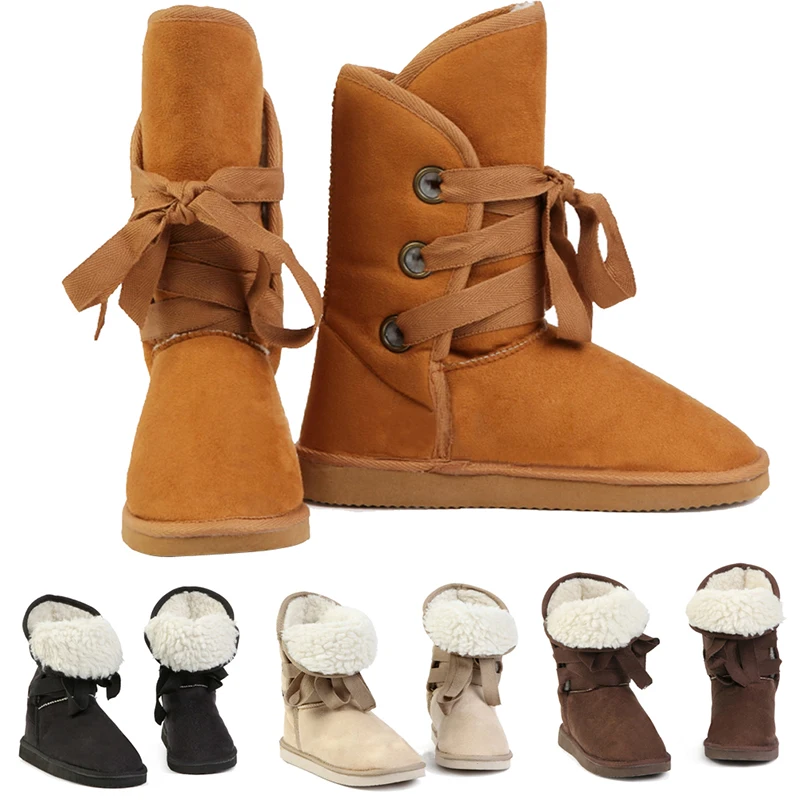 

Fashion Ladies Shoes Mid Calf Winter snow boots For Women Warm Faux Suede Plush Low Flat Boot Boots Lace Up Sold Color Shoe