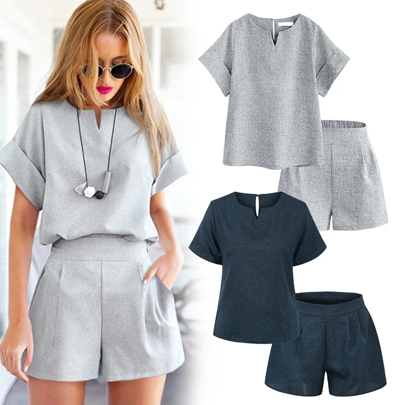 

Women Roll-up Short Sleeves Tops + Elastic Waist Shorts for Summer ASD88
