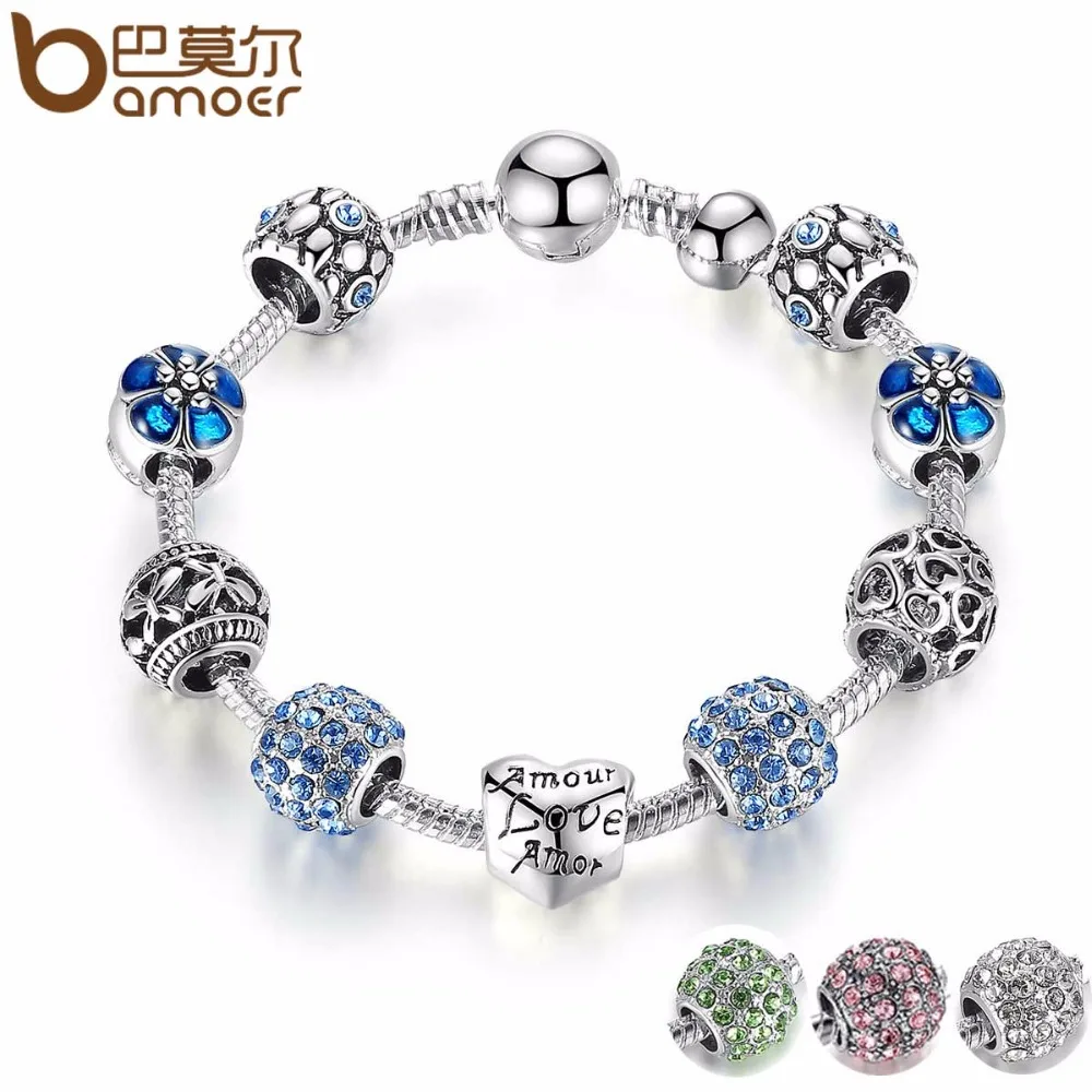 

BAMOER 3 Colour Silver Color Openwork Heart Blue Murano Beads Charm Bracelets & Bangles for Women Jewelry Accessories PA1505