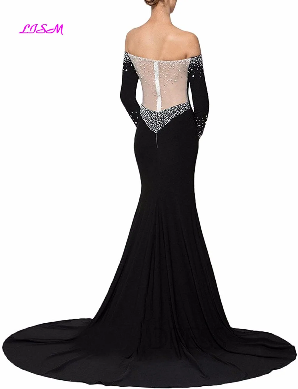 Черное элегантное вечернее платье русалки с вырезом лодочкой и кристаллами, длинные рукава, сексуальные платья для выпускного вечера