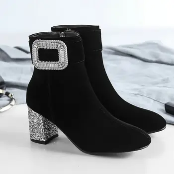 

Sianie Tianie 2020 winter fashion velour velvet woman ankle boots glitter bling block high heels women boot shoes with crystals