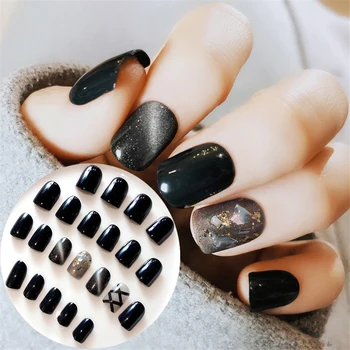 

22Pcs/Set Black Cat Eye Fake Nails Square Head Short Artificial Nail Tips Rhinestone Shell Phototherapy Full Cover False Nail